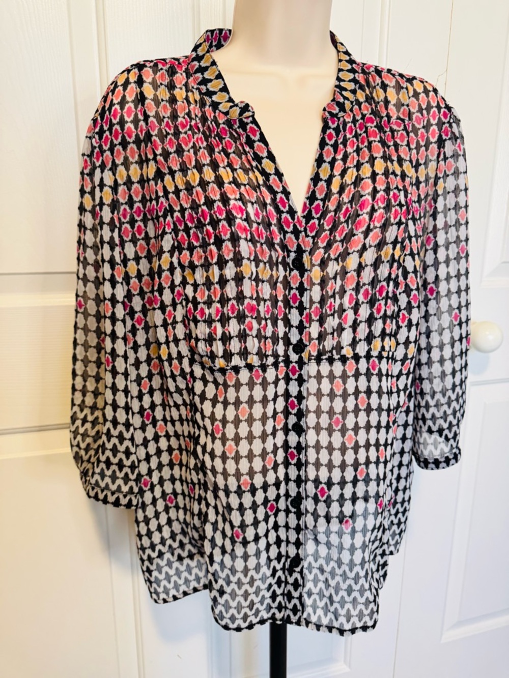 Christopher & Banks Black Sheer Blouse with Pink & Yellow Diamond Print